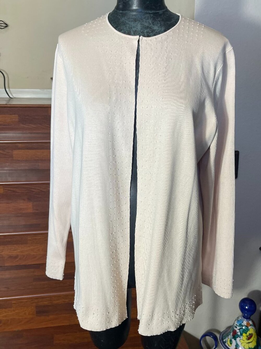 Charter Club Women's Beige 2X Open Knit Silk Blend Cardigan Sweater Beading MINT